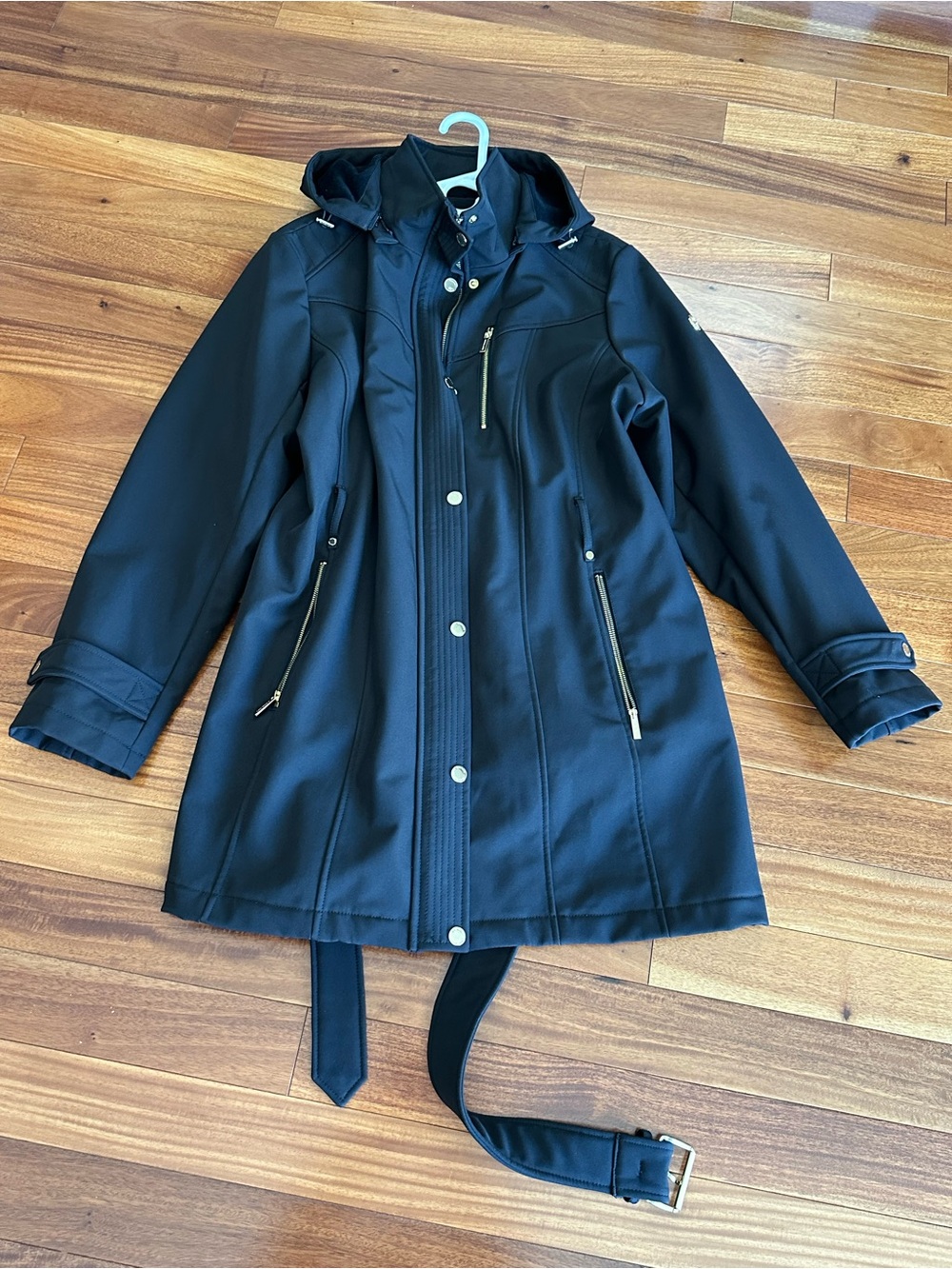 Michael Kors Black Hooded Trench Coat with Belt